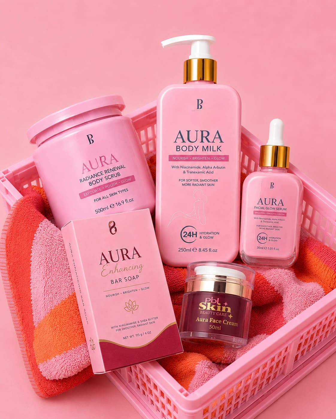 PBL Aura set with Body Scrub, Body Milk, Facial Glow, Bar soap and Face Cream