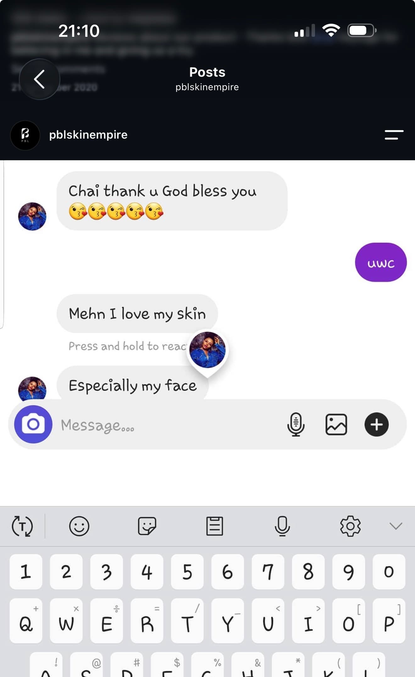 Customer feedback screenshot