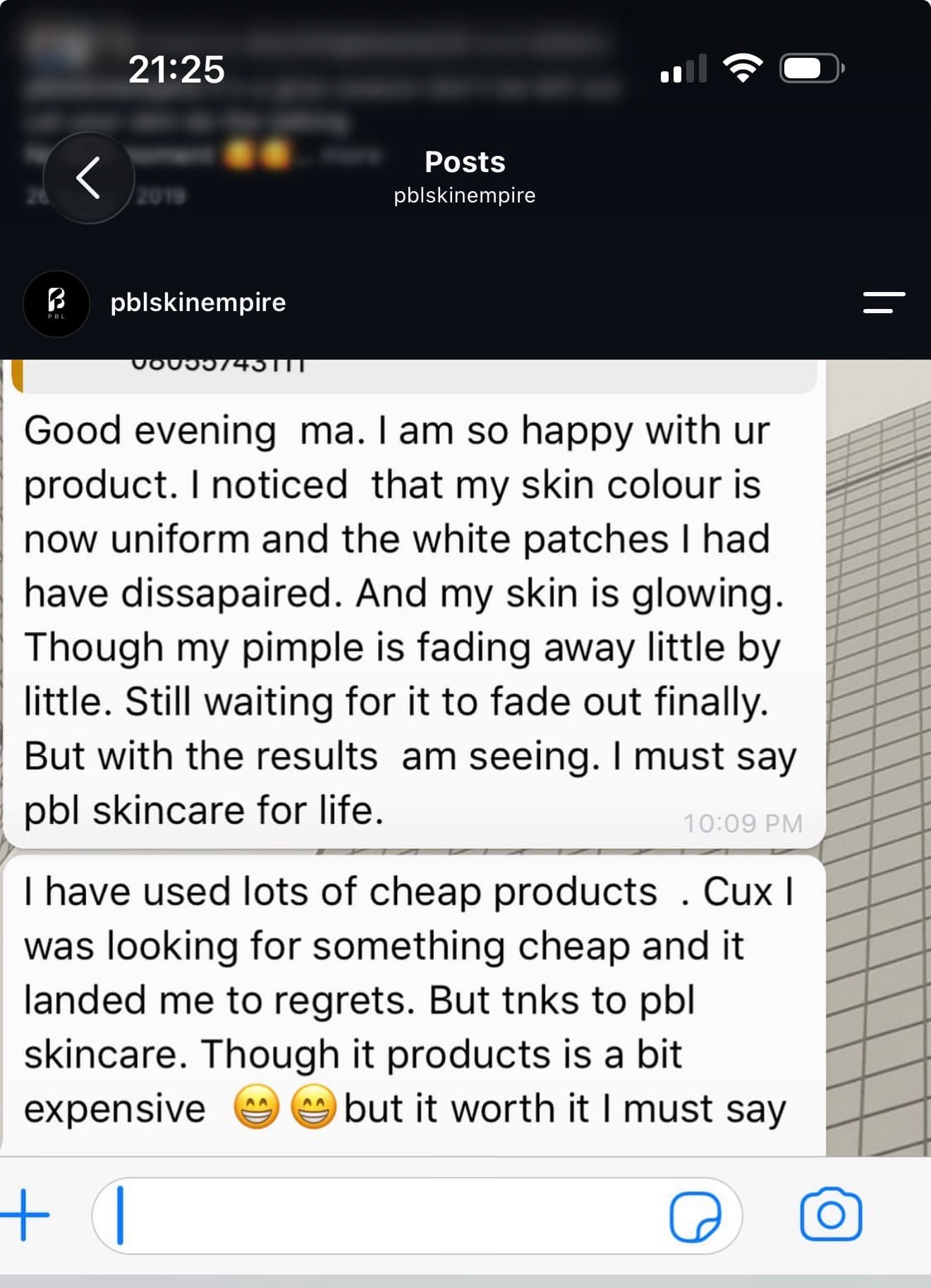 Customer feedback screenshot
